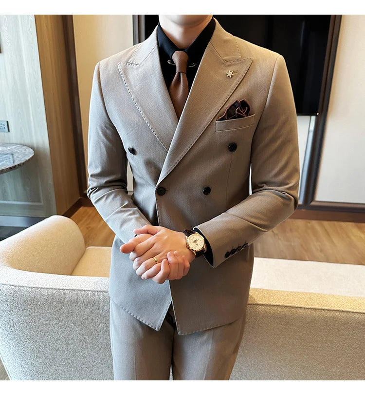 (Jacket + Trousers) Fashion Double Breasted Design Slim Men's Suit Italian Style Luxury Wedding Social Party Tuxedo 2 Piece Sets