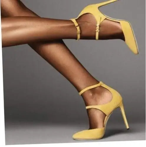 Yellow Pink Black Double Buckle Straps Suede Pumps Hollow Pointy Toe Shallow Thin High Heel Dress Runway Lady High Heels