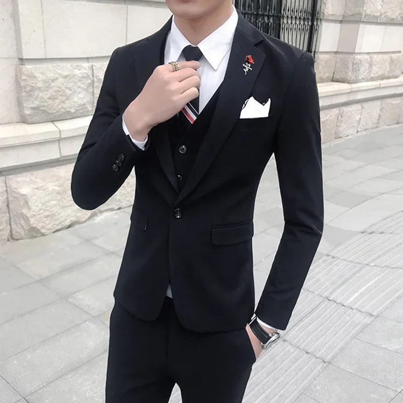 (Jacket +Vest+Pants) 2024 New Mens Wedding Suits Groom Solid Color Formal Office Business Slim Fit Suit Tuxedos 3-Pieces Set