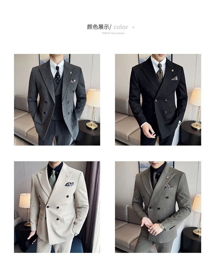 (Jacket+Vest+Pant) Autumn Winter Thickened Woolen Suit  New High Quality Slim Business Tuxedo Fashion Wedding Social Suits