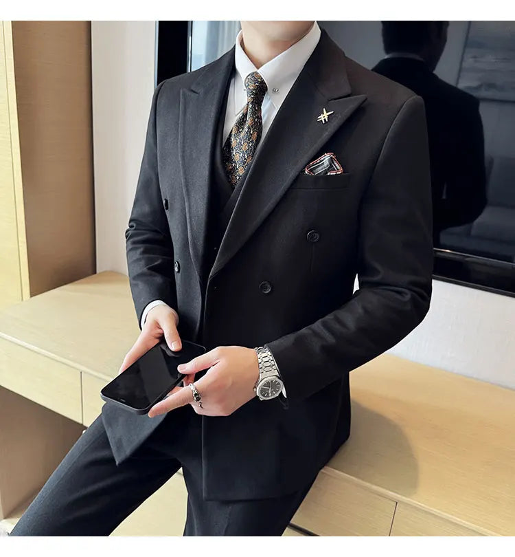 (Jacket+Vest+Pant) Autumn Winter Thickened Woolen Suit  New High Quality Slim Business Tuxedo Fashion Wedding Social Suits