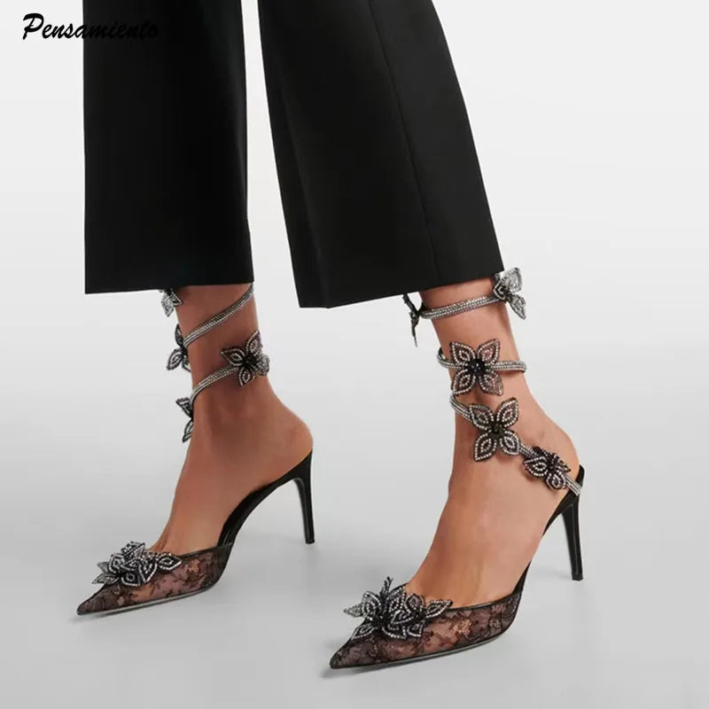 Summer High heels Wedding Party Shoes Women Rhinestones Flowers Snake Twine Around Ankle Strap Lace Mesh Pumps Sandals for Woman