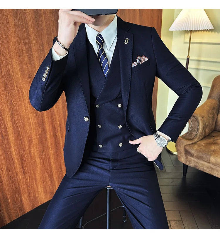 (Jackets+Pants+Vest) High Quality Men Slim Fit Party Tuxedos 3 Pieces Fashion Double Breasted Vest Design Business Wedding Suit