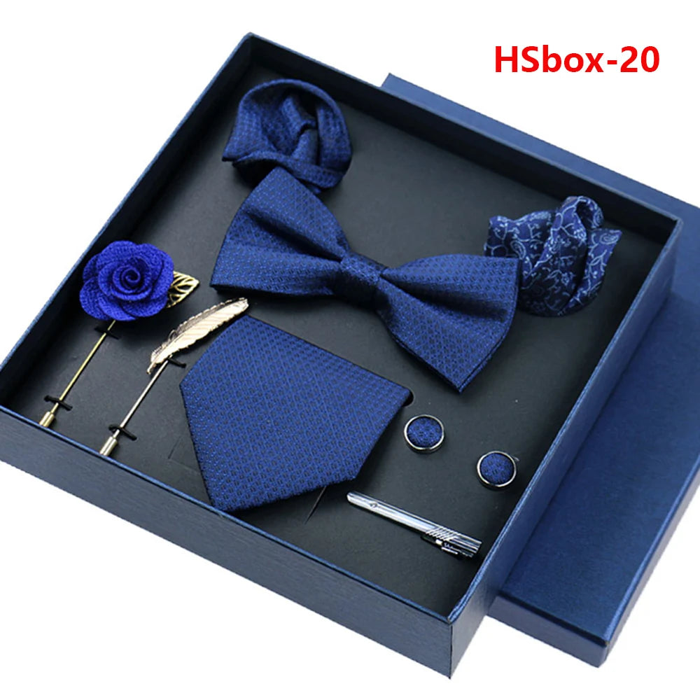 Set Bussiness Blue Ties For Mans Floral Brooches Pin Cufflinks Tie Clips Butterfly Bowtie Wedding Accessori Gift Box Set