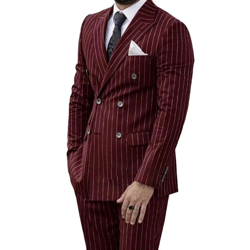 Mens Striped Suit Double-Breasted Luxury Wedding Dress Blazer Pant 2-Piece Set Formal Suit for MenGroom Business Slim Fit