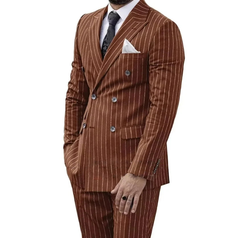 Mens Striped Suit Double-Breasted Luxury Wedding Dress Blazer Pant 2-Piece Set Formal Suit for MenGroom Business Slim Fit