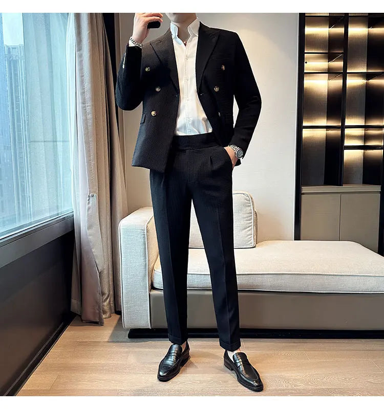 ( Jacket + Pant )Double-breasted Waffle Business Suit Men Wedding Prom Party Blazers and Trouser Homme Slim Fit Tuxedo Dress Set