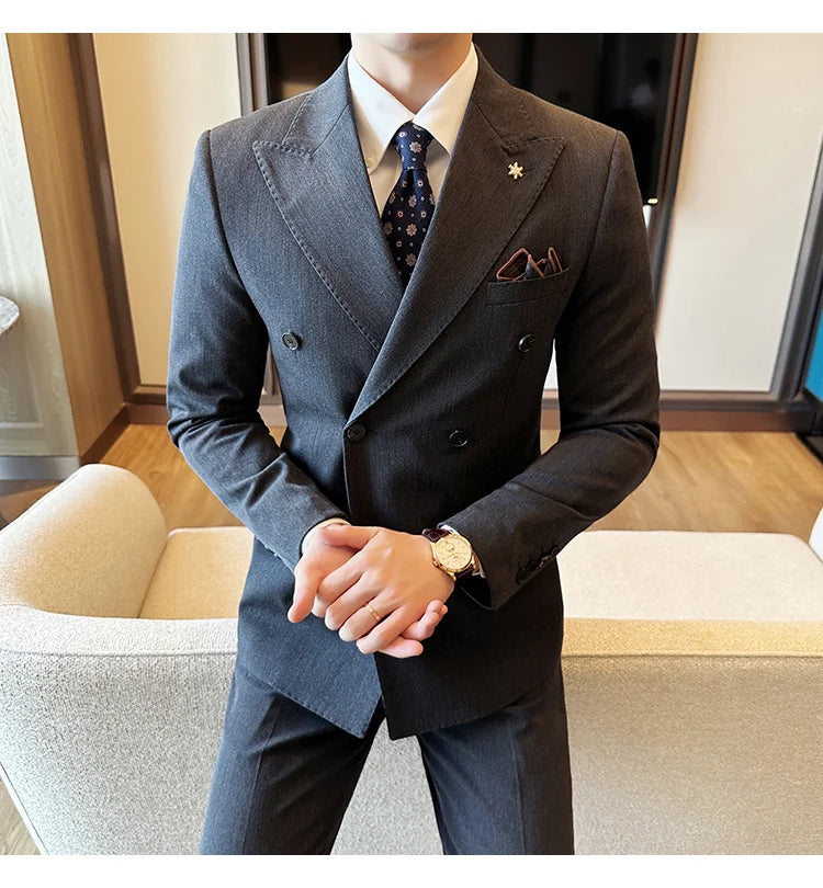 (Jacket + Trousers) Fashion Double Breasted Design Slim Men's Suit Italian Style Luxury Wedding Social Party Tuxedo 2 Piece Sets