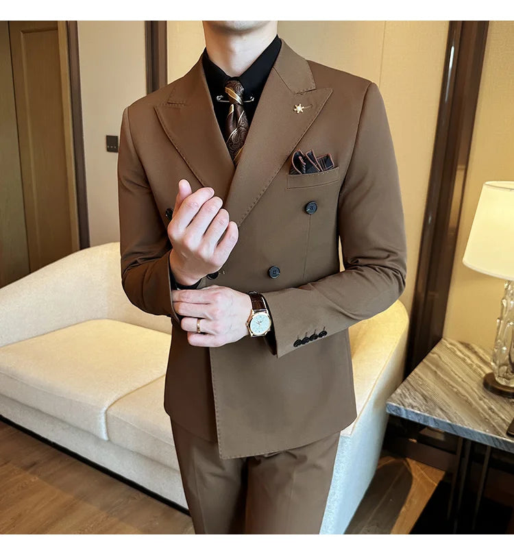 (Jacket + Trousers) Fashion Double Breasted Design Slim Men's Suit Italian Style Luxury Wedding Social Party Tuxedo 2 Piece Sets