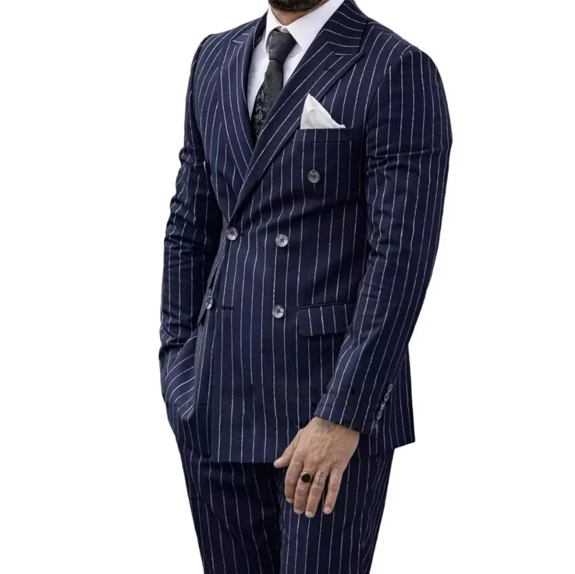 Mens Striped Suit Double-Breasted Luxury Wedding Dress Blazer Pant 2-Piece Set Formal Suit for MenGroom Business Slim Fit