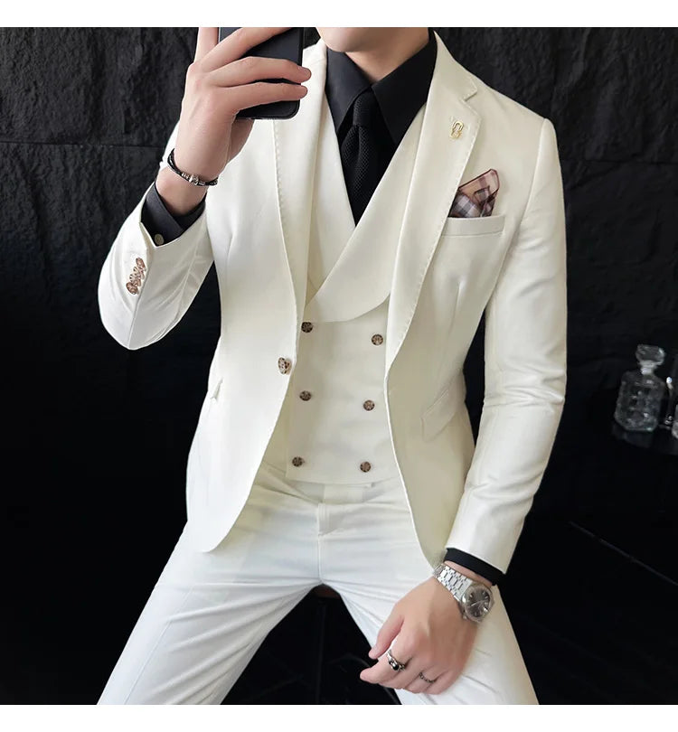 (Jackets+Pants+Vest) High Quality Men Slim Fit Party Tuxedos 3 Pieces Fashion Double Breasted Vest Design Business Wedding Suit