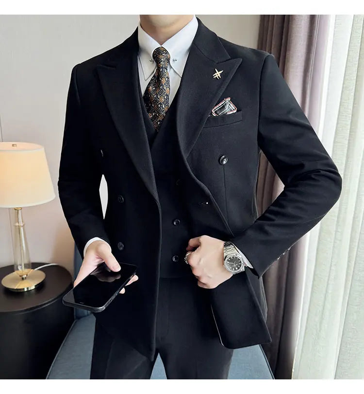 (Jacket+Vest+Pant) Autumn Winter Thickened Woolen Suit  New High Quality Slim Business Tuxedo Fashion Wedding Social Suits