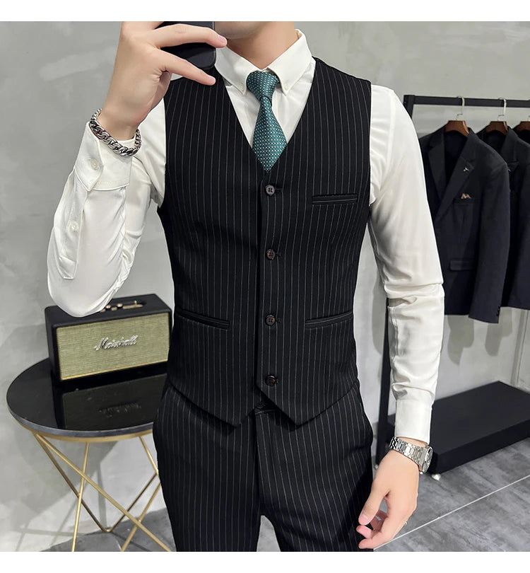 in black Fashion New Men's Boutique Business Slim Wedding Striped Double Breasted Suit Blazers Jacket Pants Trousers Vest 3 Pcs Set