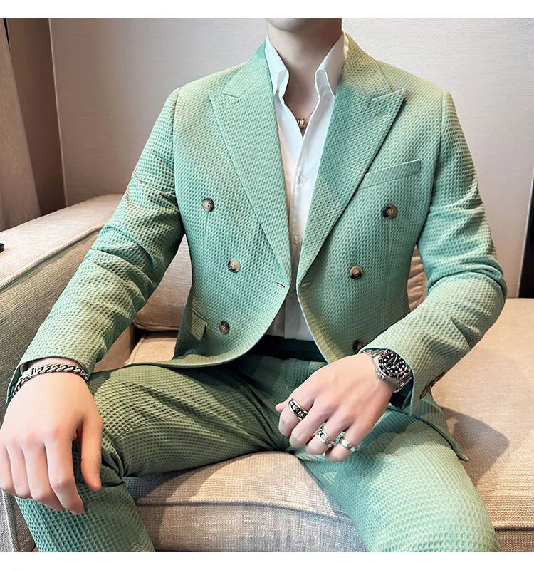 ( Jacket + Pant )Double-breasted Waffle Business Suit Men Wedding Prom Party Blazers and Trouser Homme Slim Fit Tuxedo Dress Set