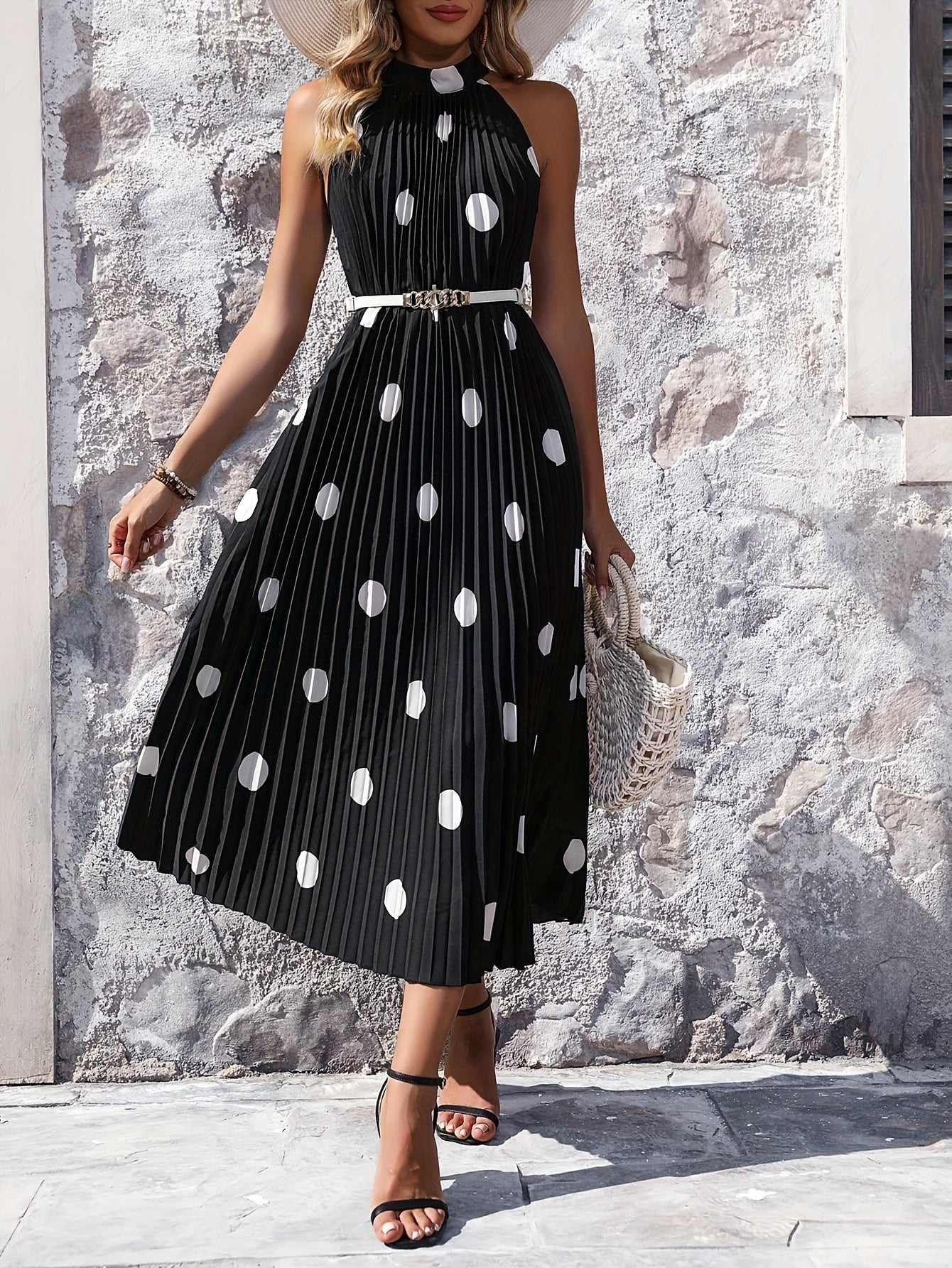 Polka Dot Print Halter Neck Pleated Dress, Elegant Sleeveless Trapeze Dress For Spring & Summer, Women's Clothing