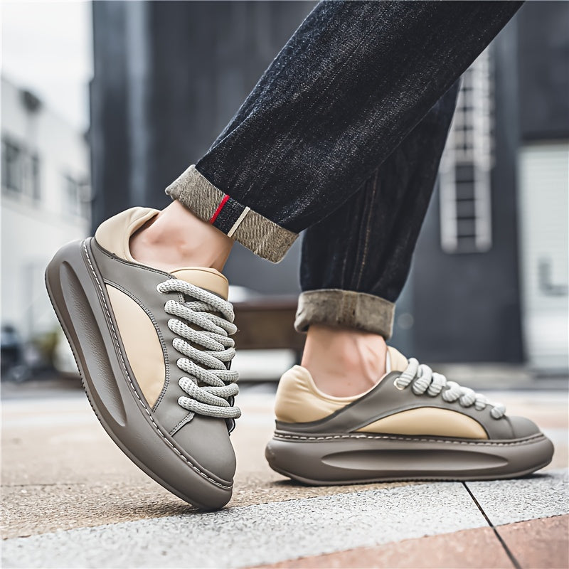 Men's Trendy Summer Sneakers - Casual & Sporty, Thick Sole for Height Boost, Lace-Up, Breathable Faux Leather, Versatile White, for Autumn, Spring