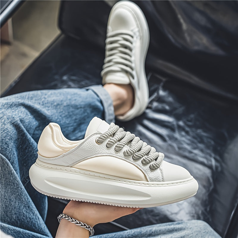 Men's Trendy Summer Sneakers - Casual & Sporty, Thick Sole for Height Boost, Lace-Up, Breathable Faux Leather, Versatile White, for Autumn, Spring