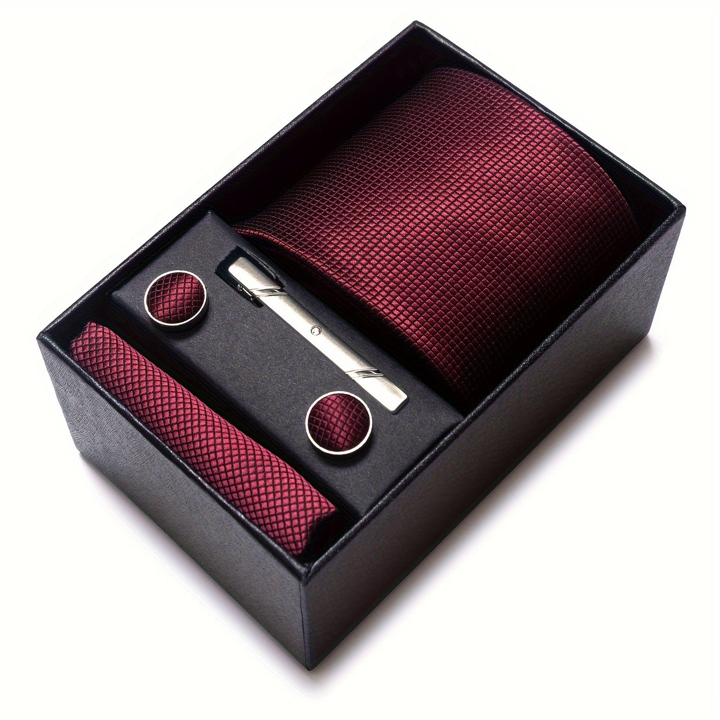 Men's Elegant Tie Set in Burgundy - 7.5cm Woven Polyester Necktie with Matching Pocket Square & Cufflinks, Perfect for Weddings & Formal Occasions - Stylish Gift Box Included, PASSABIN