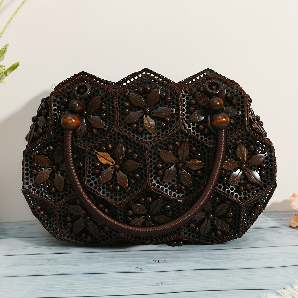 Boho Vintage-Inspired Geometric Dark Brown Top-Handle Handbag – Handcrafted Plastic Coconut Shell Design with Clutch Accessory, Occasion Theme, Zipper Closure, Canvas Lining (Do Not Wash)