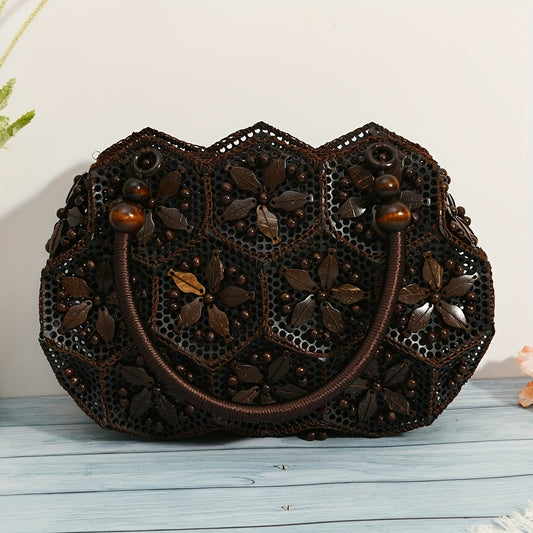 Boho Vintage-Inspired Geometric Dark Brown Top-Handle Handbag – Handcrafted Plastic Coconut Shell Design with Clutch Accessory, Occasion Theme, Zipper Closure, Canvas Lining (Do Not Wash)