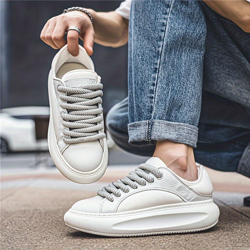 Men's Trendy Summer Sneakers - Casual & Sporty, Thick Sole for Height Boost, Lace-Up, Breathable Faux Leather, Versatile White, for Autumn, Spring