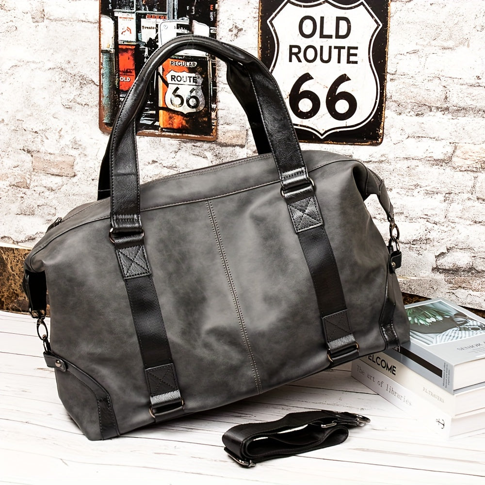 Men's PU Leather Travel Handbag, Fashion Casual Crossbody Bag, Large Capacity Luggage Bag