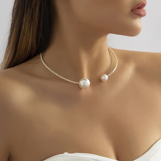 Elegant Faux Pearl Choker Necklace With Rhinestone Decor, Sexy & Minimalist Style, Adjustable Collar Chain For Women