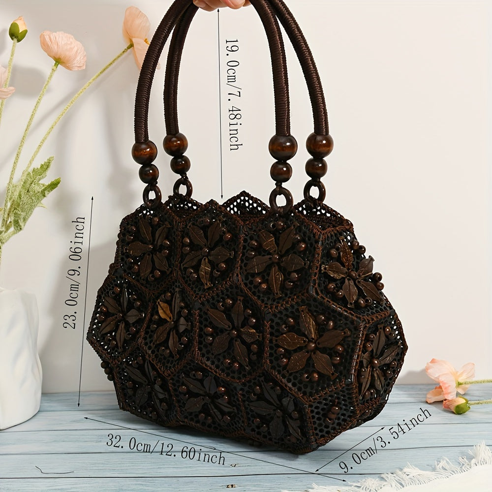 Boho Vintage-Inspired Geometric Dark Brown Top-Handle Handbag – Handcrafted Plastic Coconut Shell Design with Clutch Accessory, Occasion Theme, Zipper Closure, Canvas Lining (Do Not Wash)