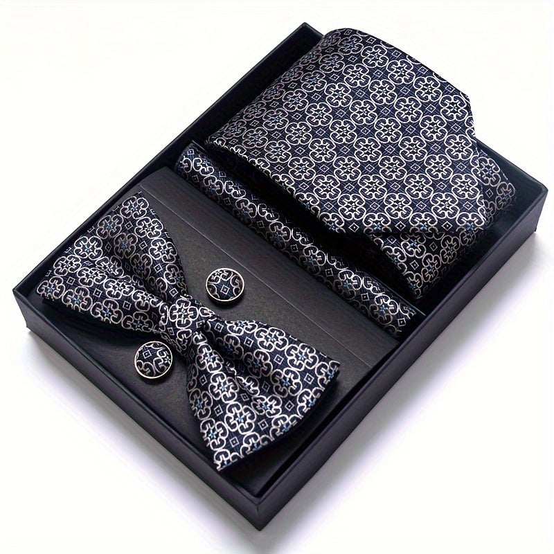 IN BLACK Passabin Men's Fashion Tie & Bow Set with Pocket Square and Cufflinks - Polyester, Woven, Perfect for Business & Wedding Attire