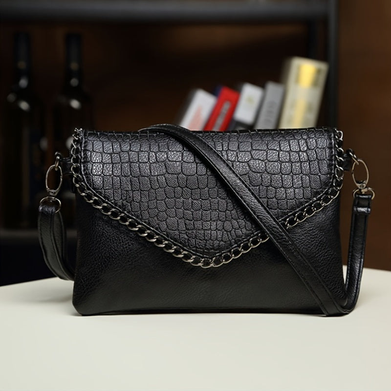 Fashionable Crocodile Pattern PU Crossbody Bag for Women with Removable Strap, Elegant Envelope Clutch Purse for Party, Date, and Daily Use - Zip Closure with Polyester Lining - Crafted in Guangzhou