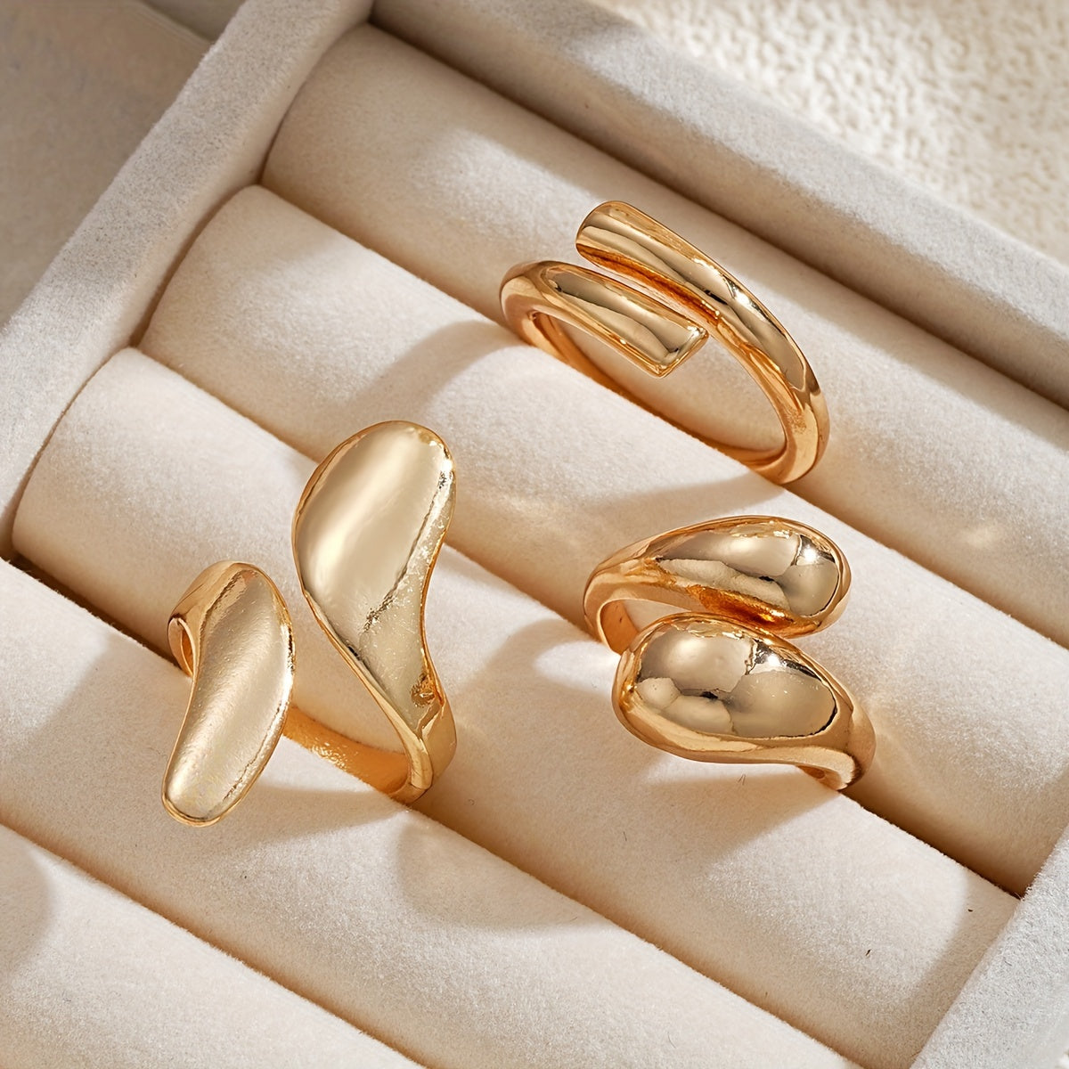 Elegant 3-Piece Gold-Tone Geometric Drop Ring Set - Perfect for Everyday Wear and Special Occasions